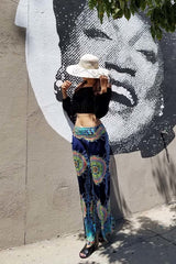 Niobe Clothing High Waist Fold Over Wide Leg Palazzo Pants (Navy Tribal) - pants