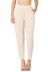 Pleated High Rise Elastic Waist Ankle Pants w/ Pockets