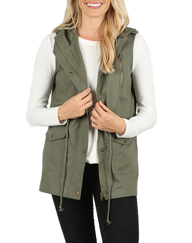 Zenana Sleeveless Utility Hoodie Military Vest - Vests sb_outerwear