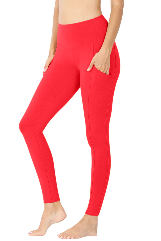 Zenana High Waist Solid Cotton Yoga Pants Work Out Leggings w/Pockets - Leggings sb_bottoms