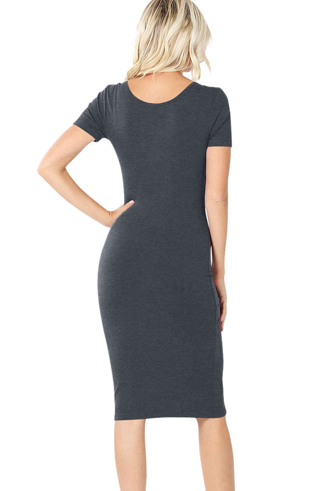 Zenana Cotton Short Sleeve Bodycon Fitted Knee Length Midi Dress - Dresses sb_dresses