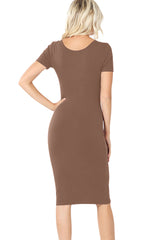 Cotton Short Sleeve Bodycon Fitted Knee Length Midi Dress