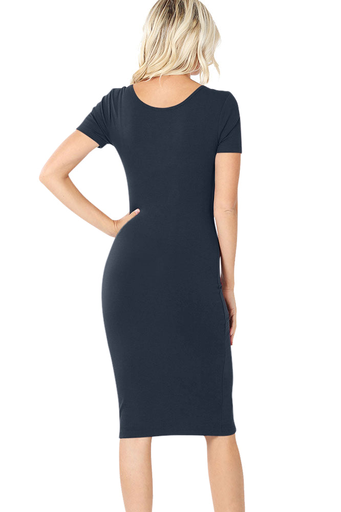 Zenana Cotton Short Sleeve Bodycon Fitted Knee Length Midi Dress - Dresses sb_dresses