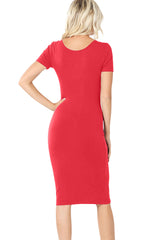 Cotton Short Sleeve Bodycon Fitted Knee Length Midi Dress