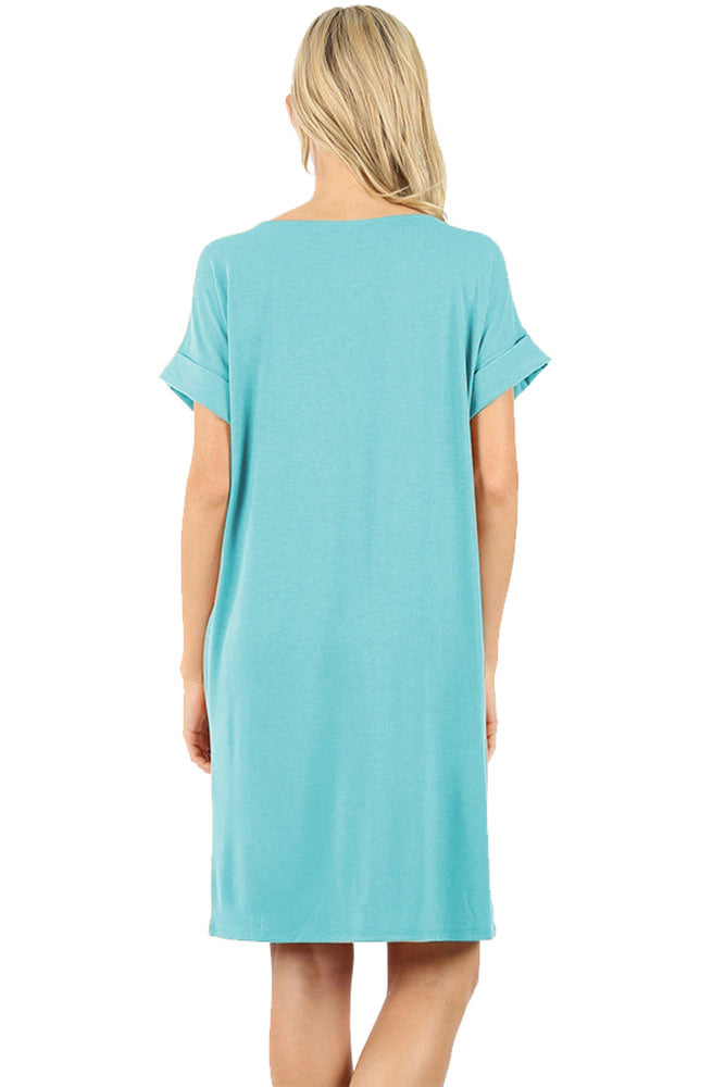 Zenana Rolled Short Sleeve Loose Tunic Shirt Dress - Tunics sb_dresses