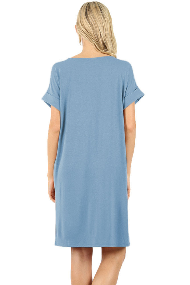 Zenana Rolled Short Sleeve Loose Tunic Shirt Dress - Tunics sb_dresses