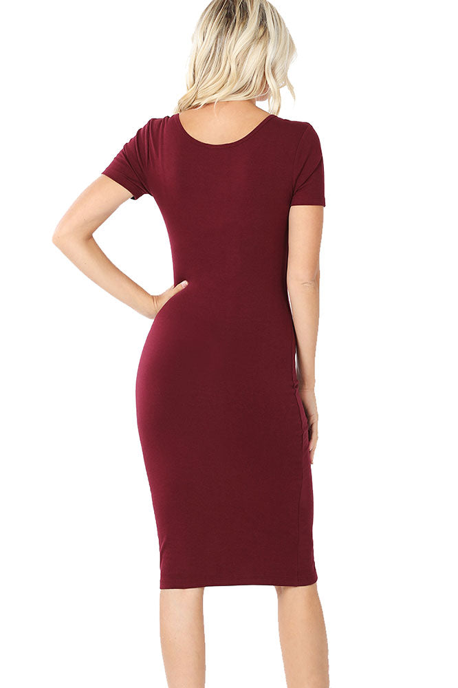Zenana Cotton Short Sleeve Bodycon Fitted Knee Length Midi Dress - Dresses sb_dresses