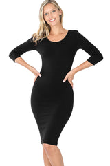 Cotton 3/4 Sleeve Bodycon Fitted Knee Length Midi Dress