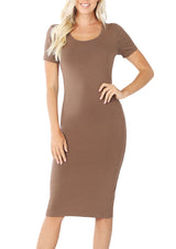 Cotton Short Sleeve Bodycon Fitted Knee Length Midi Dress