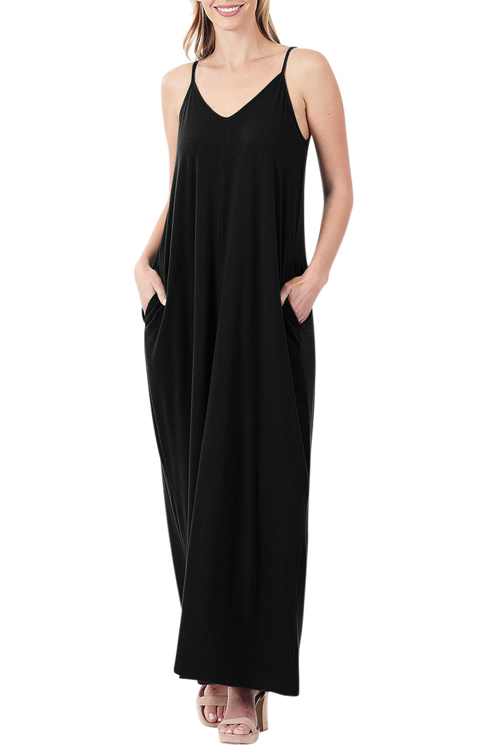 Zenana V-Neck Cami Spaghetti Strap Maxi Dress - Dresses sb_dresses