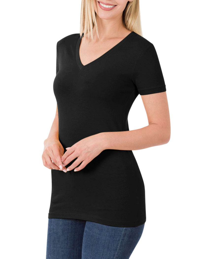 Zenana Cotton V-Neck Short Sleeve Long Tee Shirt - Shirts sb_tops