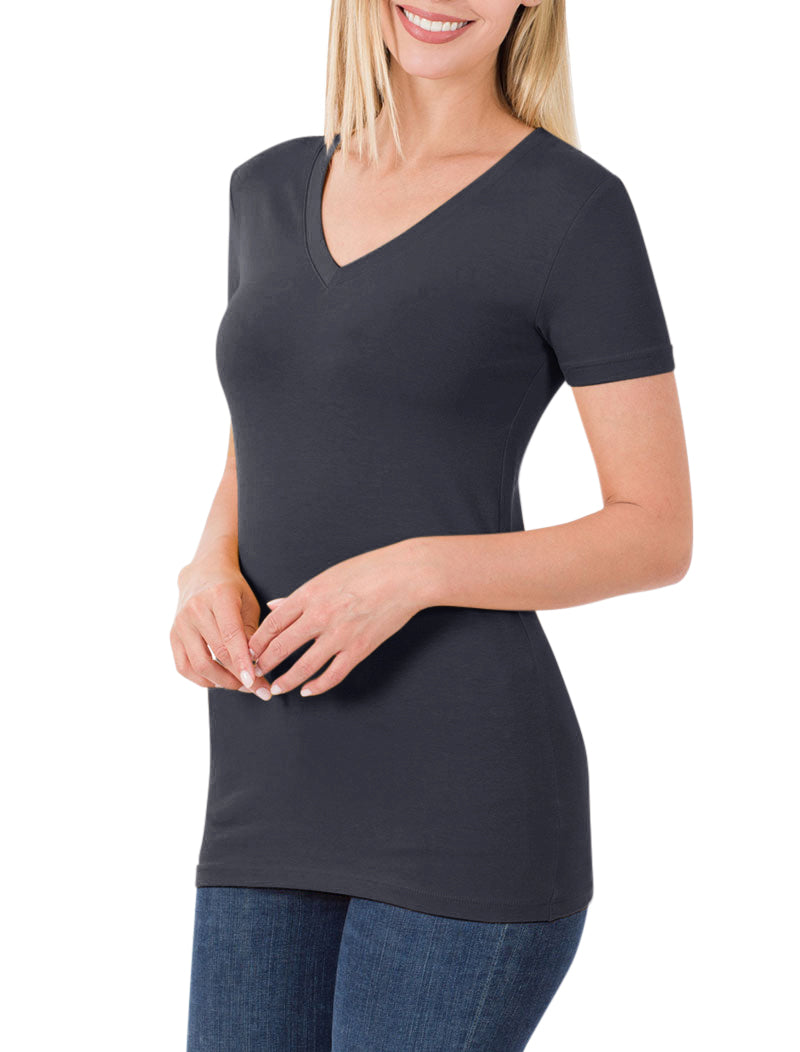 Zenana Cotton V-Neck Short Sleeve Long Tee Shirt - Shirts sb_tops