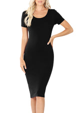 Cotton Short Sleeve Bodycon Fitted Knee Length Midi Dress