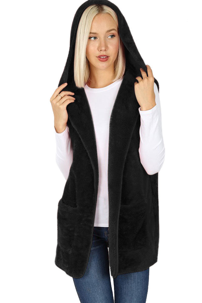 Zenana Sleeveless Faux Fur Hooded Vest - sb_outerwear