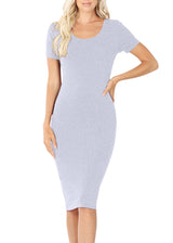 Cotton Short Sleeve Bodycon Fitted Knee Length Midi Dress