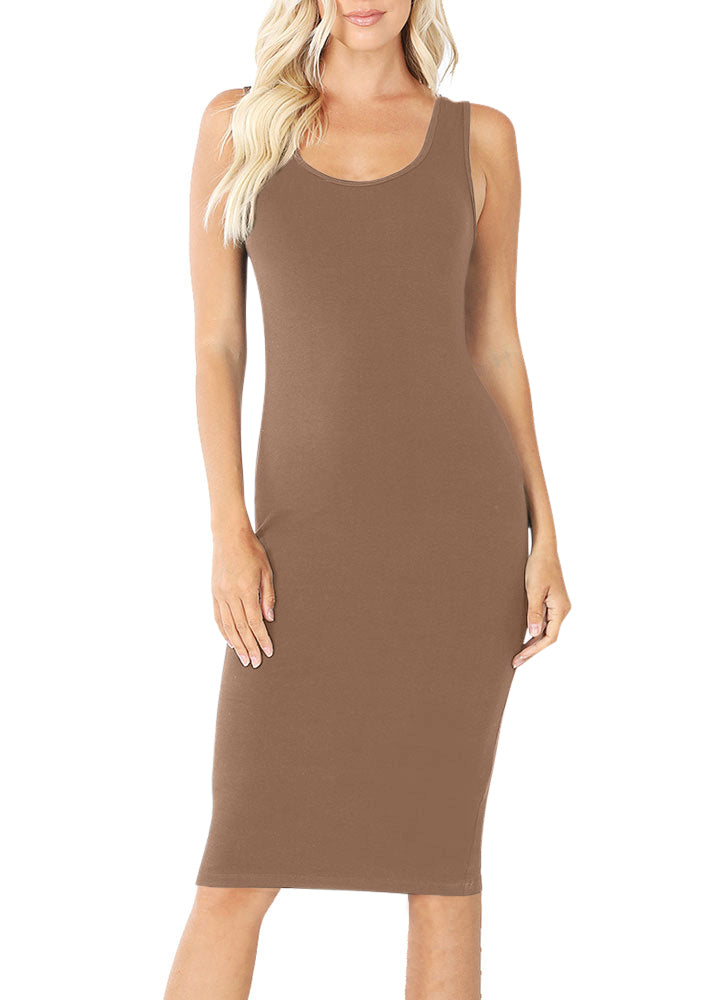 Zenana Cotton Sleeveless Bodycon Tank Knee Length Midi Dress - Dresses sb_dresses