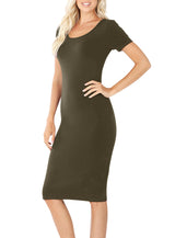 Cotton Short Sleeve Bodycon Fitted Knee Length Midi Dress