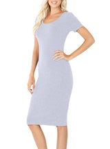 Cotton Short Sleeve Bodycon Fitted Knee Length Midi Dress