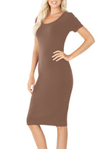 Cotton Short Sleeve Bodycon Fitted Knee Length Midi Dress