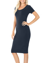 Cotton Short Sleeve Bodycon Fitted Knee Length Midi Dress