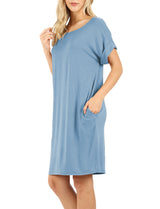 Rolled Short Sleeve Loose Tunic Shirt Dress Tunics- Niobe Clothing