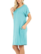 Rolled Short Sleeve Loose Tunic Shirt Dress Tunics- Niobe Clothing