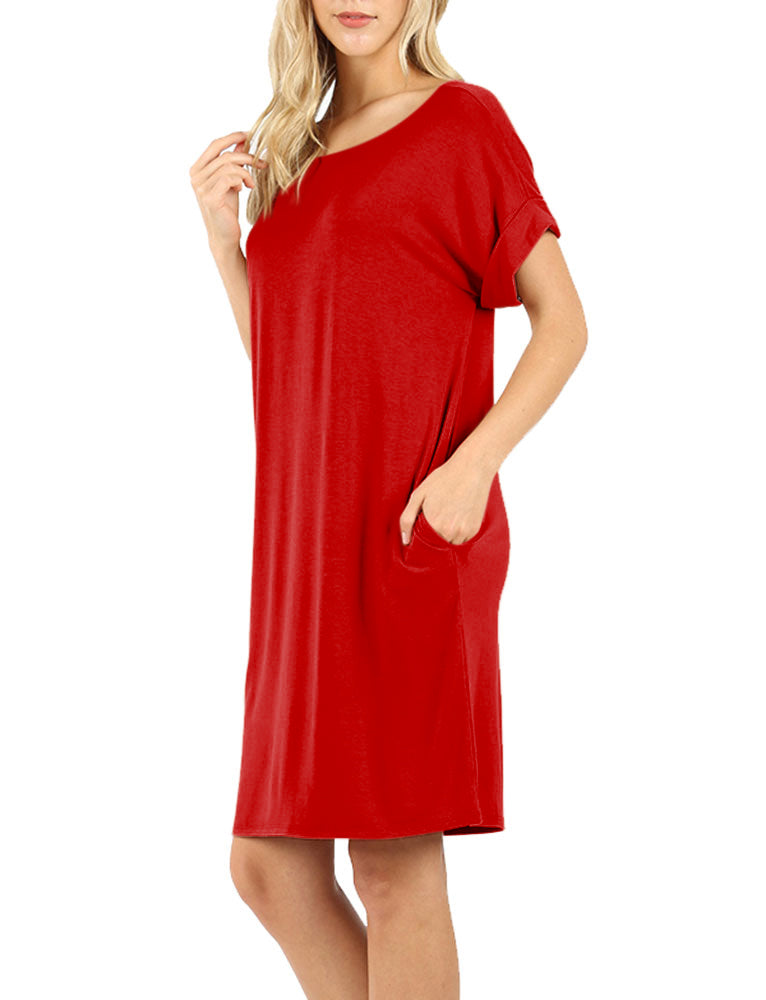 Zenana Rolled Short Sleeve Loose Tunic Shirt Dress - Tunics sb_dresses