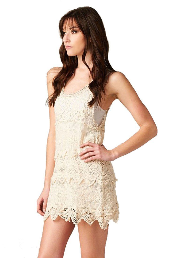 Niobe Clothing Textured Layered Sleeveless Scallop Crochet Lace Dress (Natural) - f_dresses