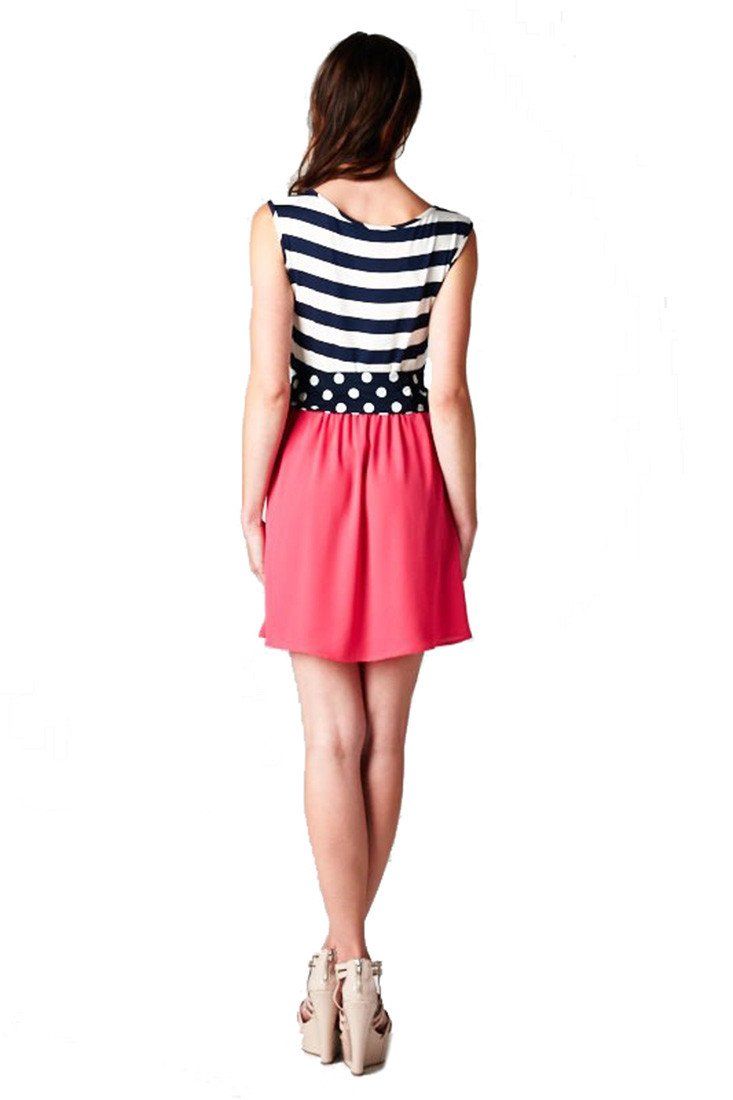 Niobe Clothing Navy Striped Solid Contrast Dress with Polka Dot Bow Belt (Navy/Fuchsia) - f_dresses
