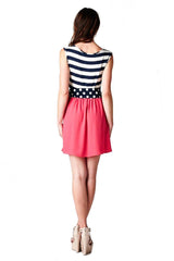 Navy Striped Solid Contrast Dress with Polka Dot Bow Belt (Navy/Fuchsia) dress- Niobe Clothing