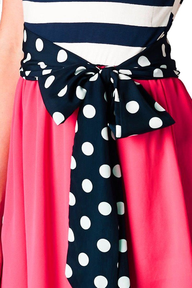 Niobe Clothing Navy Striped Solid Contrast Dress with Polka Dot Bow Belt (Navy/Fuchsia) - f_dresses