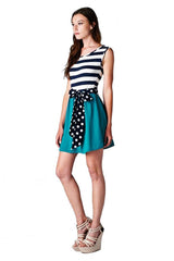Navy Striped Solid Contrast Dress with Polka Dot Bow Belt (Navy/Jade) dress- Niobe Clothing