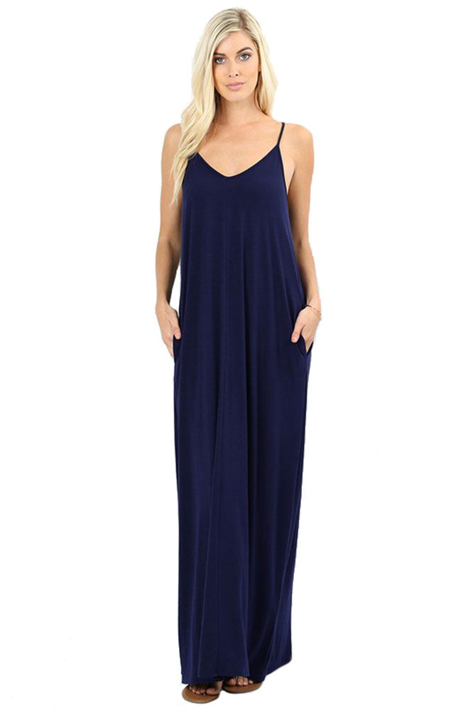 Zenana V-Neck Cami Spaghetti Strap Maxi Dress - Dresses sb_dresses