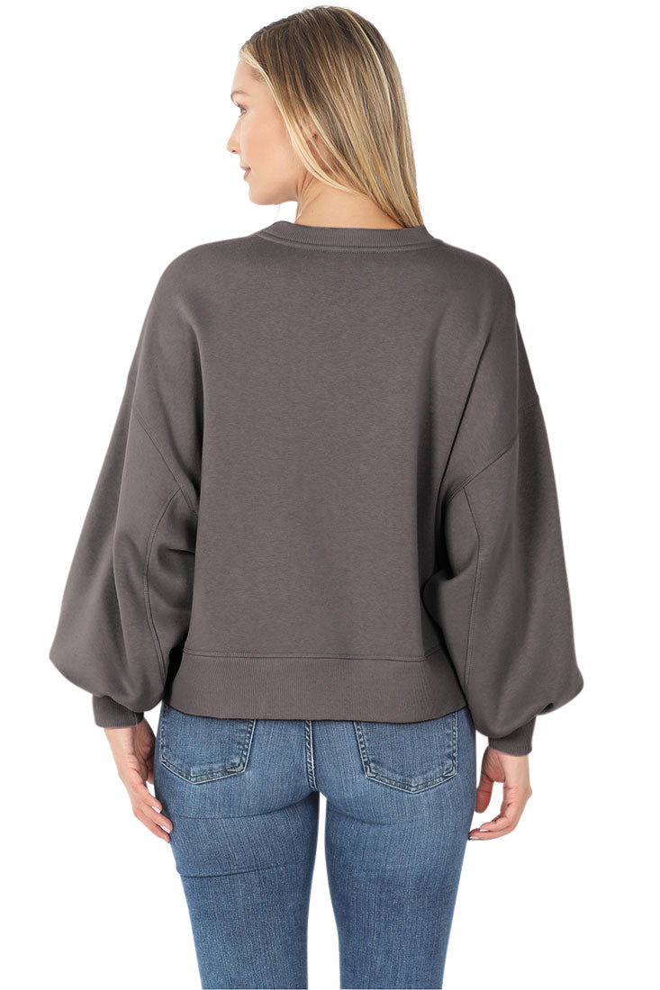 Zenana Balloon Sleeve Crew Neck Pullover Short Sweatshirt - Sweatshirts sb_outerwear