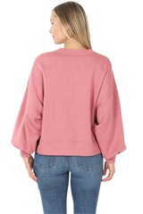 Balloon Sleeve Crew Neck Pullover Short Sweatshirt