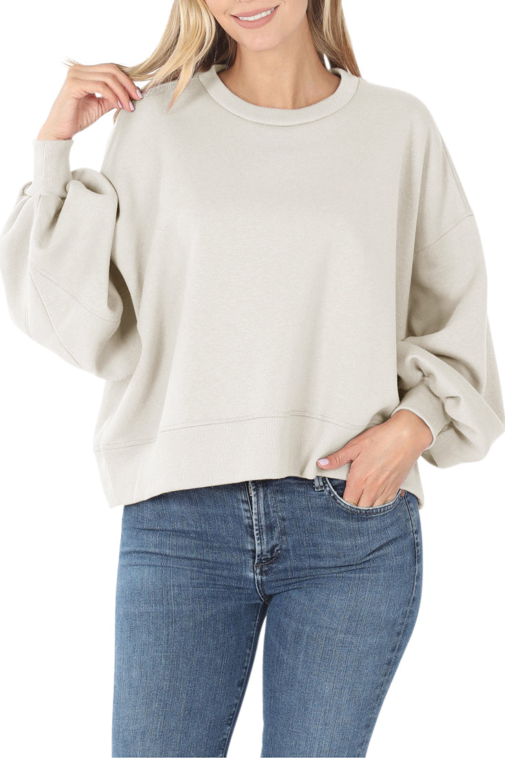 Zenana Balloon Sleeve Crew Neck Pullover Short Sweatshirt - Sweatshirts sb_outerwear