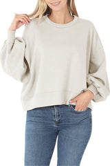 Balloon Sleeve Crew Neck Pullover Short Sweatshirt