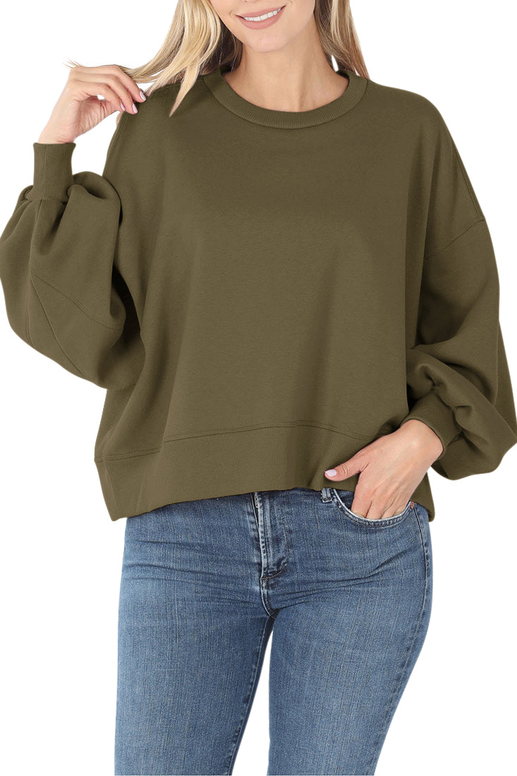 Zenana Balloon Sleeve Crew Neck Pullover Short Sweatshirt - Sweatshirts sb_outerwear