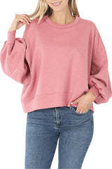 Balloon Sleeve Crew Neck Pullover Short Sweatshirt