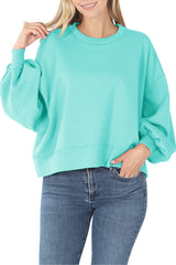 Balloon Sleeve Crew Neck Pullover Short Sweatshirt