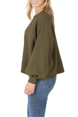Balloon Sleeve Crew Neck Pullover Short Sweatshirt
