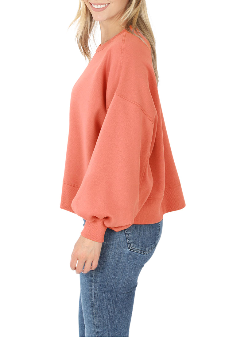 Zenana Balloon Sleeve Crew Neck Pullover Short Sweatshirt - Sweatshirts sb_outerwear