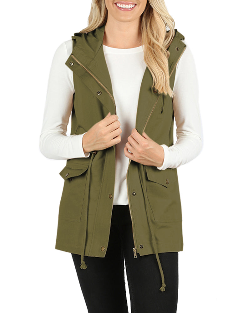 Zenana Sleeveless Utility Hoodie Military Vest - Vests sb_outerwear