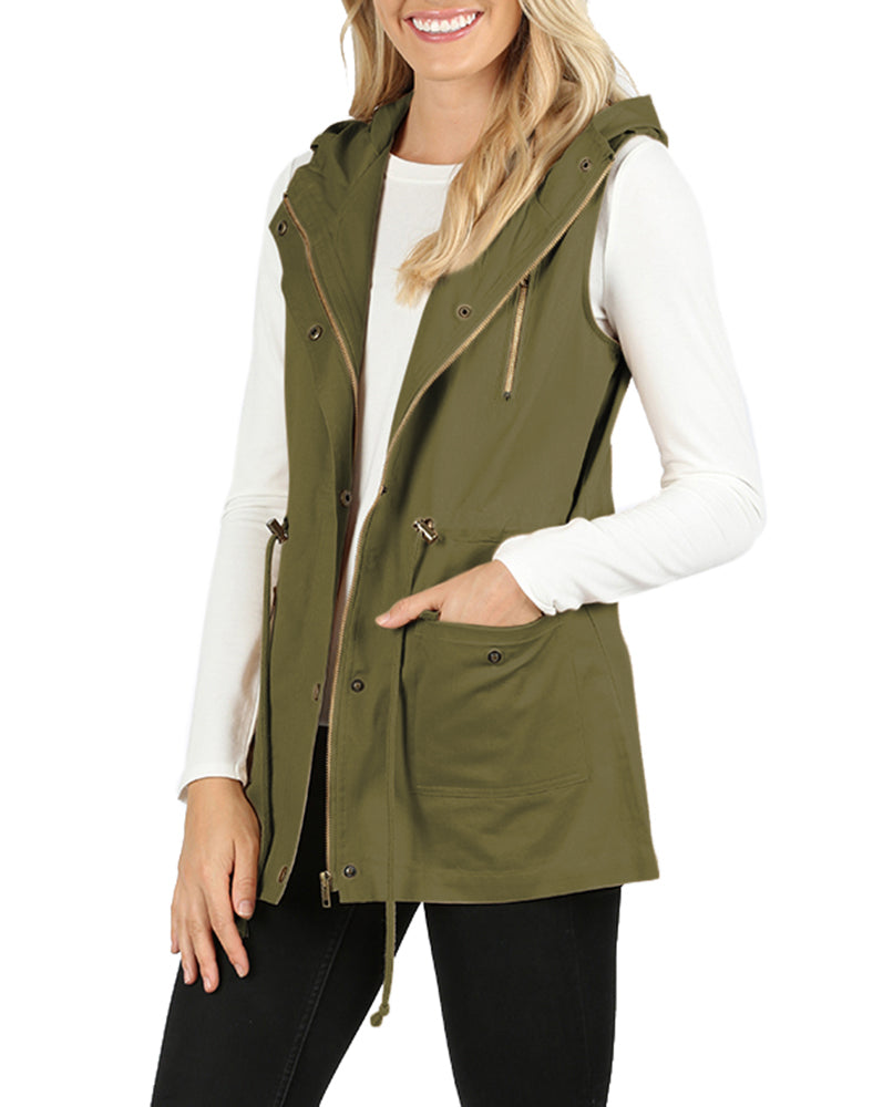 Zenana Sleeveless Utility Hoodie Military Vest - Vests sb_outerwear