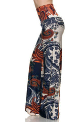 Niobe Clothing High Waist Fold Over Wide Leg Gaucho Palazzo Pants (Blue Paisley) - pants