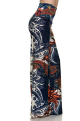 Niobe Clothing High Waist Fold Over Wide Leg Gaucho Palazzo Pants (Blue Paisley) - pants