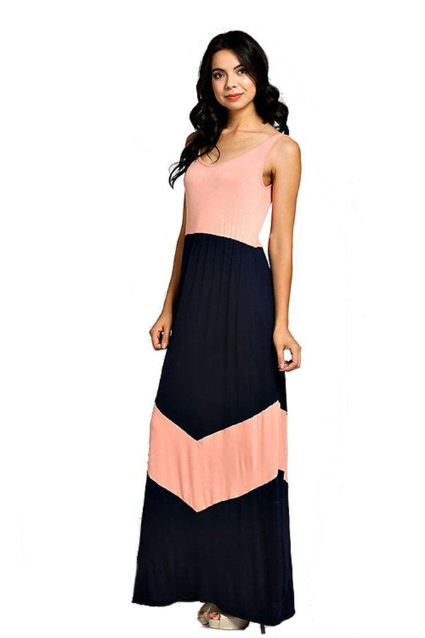 Chevron Print Accent Colorblock Scoop Back Knit Maxi Dress (Navy) dress- Niobe Clothing