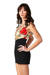 Flower Print Sleeveless Front Zipper Closure One Piece Romper Shorts (Red/Black) Rompers- Niobe Clothing