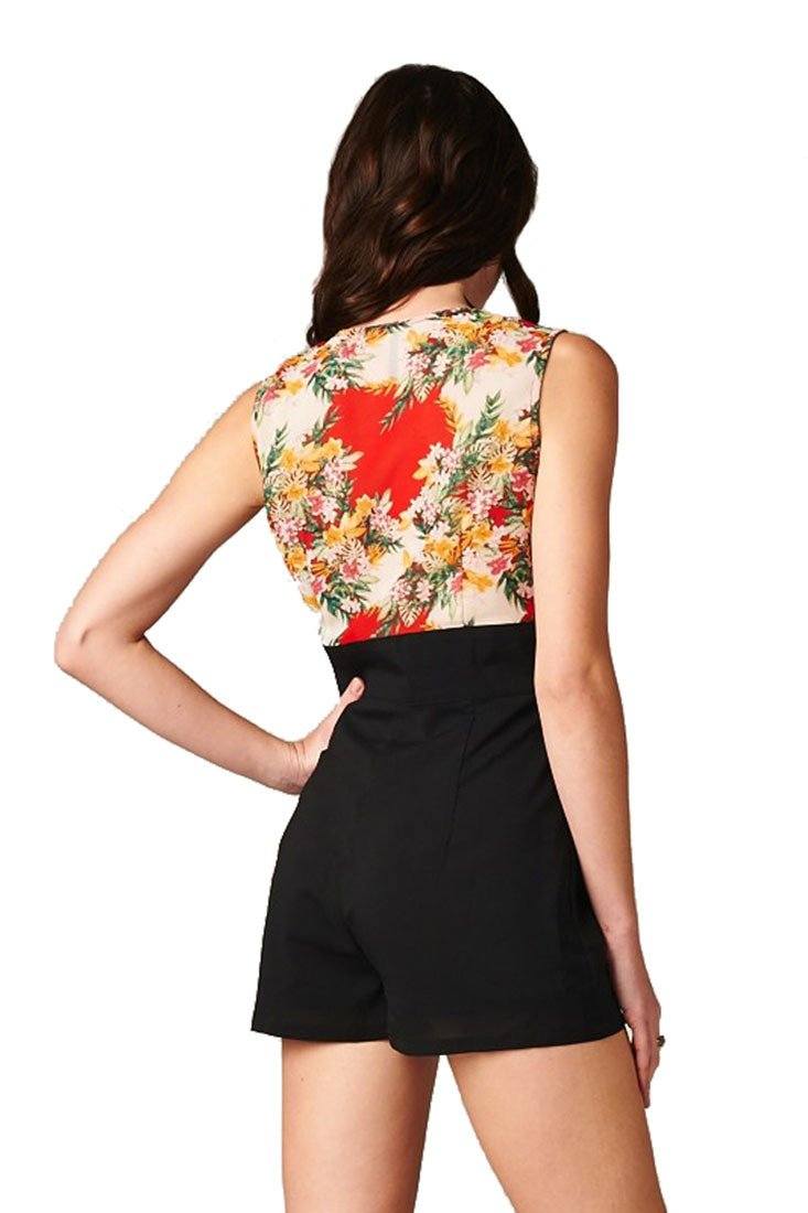 Niobe Clothing Flower Print Sleeveless Front Zipper Closure One Piece Romper Shorts (Red/Black) - f_dresses
