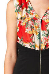 Flower Print Sleeveless Front Zipper Closure One Piece Romper Shorts (Red/Black) Rompers- Niobe Clothing
